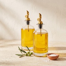 2'li Lüks Cam Yağdanlık ve Sirkelik Seti - 500 ml Altın Renkli Metal Başlıklı Akıtmaz Sızd�