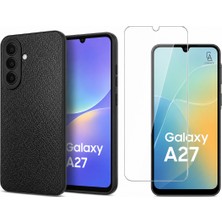 Coolacs Samsung Galaxy A27 Uyumlu Deri Dokulu Silikon Telefon Kılıfı ve Şeffaf Temperli Cam Ekran Koruyucu