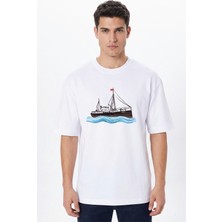 Giftcrea Bandırma Vapuru Baskılı Beyaz Bisiklet Yaka Tişört - %100 Pamuk Unisex