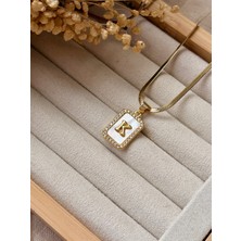 Tiştok Accessory Kadın Gold Rerk Zirkon Taşlı Sedefli Harf Kolye Çelik Zincir Harfli Kolye K