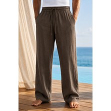 Tarz Cool Erkek Müslin Keten Karışımlı Rahat Kalıp Beli Lastikli Bağcıklı Yazlık Pantolon