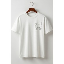 Maison De Mode Oversize Unisex Beyaz Minimalist Kedi Baskılı Çizgisel Tişört