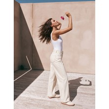 Onloox Krem Pamuklu Yüksek Bel Wide Leg Geniş Paça Arka Cep Desen Detaylı Denim Pantolon