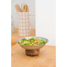 Beige & Stone Şık 21 cm Yuvarlak Ahşap Ayaklı Çelik Sunum Tabağı