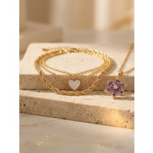 Seyn Accessory 316L Çelik Lotus Çiçeği Kolye ve Gold Renk Kalpli Kadın Zincir Bileklik Takı Seti