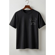 Maison De Mode Oversize Unisex Siyah Minimalist Kedi Baskılı Çizgisel Tişört