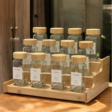 12'li Bambu Kapaklı Kare Formlu Cam Baharatlık Seti 120 ml / 16 Adet Etiket Hediye