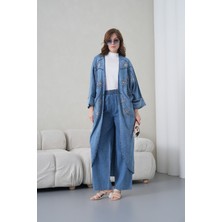 Miss Allos Kadın Önü Nakışlı Boncuk Işlemeli Kot Kimono Hırka ve Kot Pantolon Alt Üst Takım