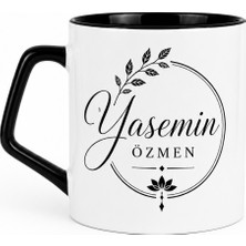 Saruhan Concept Kişiye Özel Isimli Siyah Kulplu Seramik Kupa Bardak – Zarif Çiçek Tasarımı - Isim Soyisim Belirtiniz - 7,5cm Yükseklik