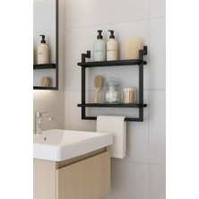 40X20 cm Banyo Rafı, Duvara Monte Havluluk, 2 Katlı Dekoratif Düzenleyici Organizer, Siyah Metal