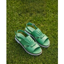 Futsi Shoes Opal Yeşil Hakiki Deri Bilekten Tokalı Drapeli Kadın Sandalet