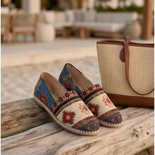 Futsi Shoes Magnolıa Lacivert Kilim Desenli Hakiki Deri Kadın Etnik Desen Espadril Ayakkabı