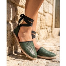 Futsi Shoes Fressia Koyu Yeşil Hakiki Deri Bilekten Bağlamalı Espadril Kadın Babet