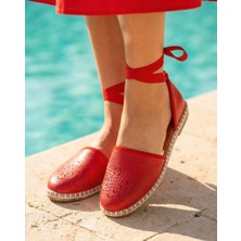 Futsi Shoes Fressia Kırmızı Hakiki Deri Bilekten Bağlamalı Espadril Kadın Babet