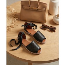 Futsi Shoes Peony Modern Bilekten Bağlama Siyah Hakiki Deri Kadın Espadril