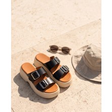 Futsi Shoes Colette Siyah Hakiki Deri Çift Tokalı Dolgu Taban Kadın Terlik