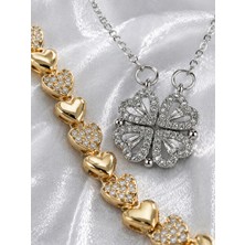 Seyn Accessory Gold Vıp Seri Kalp Bileklik ve Mıknatıslı Açılır Sihirli Yonca Kolye Takı Seti
