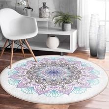 AyrStore Realhomes Beyaz Zeminde Açık Renkte Mandala Renkli Salon Oturma Odası Yıkanabilir Kaymaz Tabanl�
