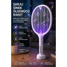 Byanes Beyaz Şarjlı Elektrikli Sinek Öldürücü Raket Mor Işıklı Masaüstü Standlı USB Şarjlı 2 Modlu Sinek Kovucu