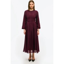 Miraydin Butik Kadın Parçalı Dikiş Detaylı Belden Bağlamalı Elbise M91165 - Mürdüm