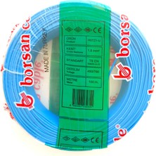 Borsan 1.5 mm Nya Hf Bakır Kablo Mavi 100 Metre (Tek Damar Sert)(Halogen Free)