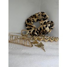 zdjewelry Zarif Gold ve Leopar Detaylı Mandal Otomatik Lastikli Toka Set 3 'lü Lüks Kadın Saç Aksesuarı