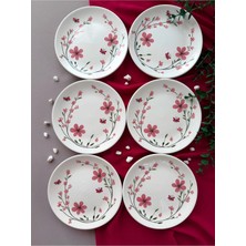 Yiğit Seramik Züccaciye Bahar Model 6 Kişilik/parça Pasta Servis Tabağı (Pembe)