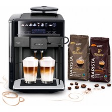 Siemens Tam Otomatik Espresso ve Kahve Makinesi - Dark Inox, Geniş Dokunmatik Içecek Menüsü, Entegre Süt Sistemi, Çift Fincan, Yoğun Aroma, Çekirdek (2 kg Kahve Hediyeli) Öğütücü
