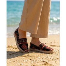 Futsi Shoes Camellıa Siyah Kilim Desenli Hasır Taban Nakış Detaylı Hakiki Deri Kadın Etnik Desen Espadril Ayakkabı