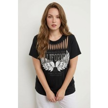 Stil Diva Bisiklet Yaka Kısa Kollu Kesik Detaylı Baskılı Esnek Kumaşlı T-Shirt