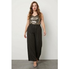 Stil Diva Bol Paça Parlak Çizgili Cepli Esnek Kumaşlı Pantolon