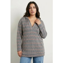 Stil Diva V Yaka Uzun Kollu Kapüşonlu Dokulu Esnek Kumaşlı Sweatshirt