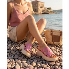 Futsi Shoes Fresco Pembe Hakiki Deri Kalın Taban Çapraz Bantlı Kadın Terlik
