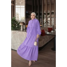 İmaj Butik Lila Yarım Düğmeli Kol Lastikli Eteği Katlı  Elbise