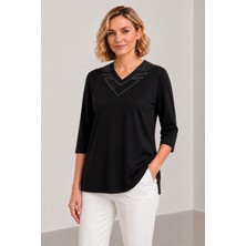 Bihan Store Kadın V Yaka Önü Geometrik Taş Baskılı Ges Kol Bluz Y26-0256 - Siyah