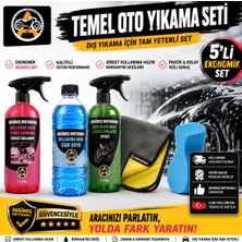 Akgüneş Motogaraj Temel Oto Yıkama Seti 5'li | 1 Lt Kullanıma Hazır Pembe Araç Şampuanı + 1 Lt Cam Suyu + 1 Lt Lastik Parlatıcı + Mikrofiber Bez + Sünger | Yerli Üretim Ekonomik Araç Bakım Seti