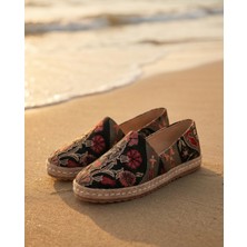 Futsi Shoes Camellıa Gri Kilim Desenli Hasır Taban Nakış Detaylı Hakiki Deri Kadın Etnik Desen Espadril Ayakkabı