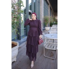 İmaj Butik Mürdüm Puantiyeli Kat Kat Şifon Elbise