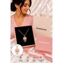 Rawezon Kutulu Çantalı Gold Renk Çelik Pembe Zirkon Taşlı Çiçek Kolye - Kadına Sevgiliye Hediye
