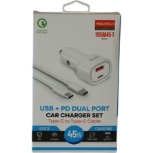  megatech t05m45-t beyaz 45w pd-usb araç çakmaklık şarj başlığı hızlı şarj(type-c to type-c kablo)