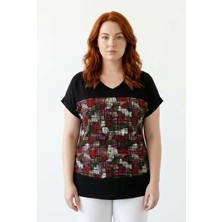 Stil Diva V Yaka Renk Bloklu T-Shirt