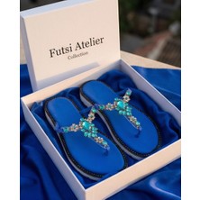 Futsi Shoes Julıette Mavi Hakiki Deri Taş Işlemeli Parmak Arası Kadın Terlik