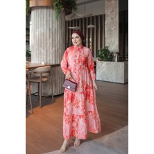 İmaj Butik Nar Çiçeği Yarım Düğmeli Kol Lastikli Eteği Katlı Elbise