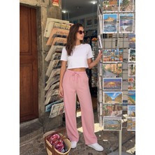 Onloox Pembe Pamuklu Müslin Beli Lastikli Bağcıklı Geniş Paça Yan Cepli Rahat Form Pantolon