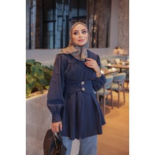 İmaj Butik Lacivert Gizli Düğmeli Kemer Detaylı Gömlek