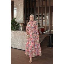 İmaj Butik Pembe Yarım Düğmeli Kol Lastikli Eteği Katlı Elbise