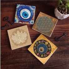 Nazar, Yaşam Çiçeği, Lotus Çiçeği Taş Bardak Altlığı Seti - 4 Parça - Dekoratif, Rustik Mutfak Aksesuarı, 10X10 Cm, Kaydırmaz Tabanlı, Şık ve Dayanıklı SC473