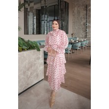 İmaj Butik Pembe Eteği Katlı Puantiyeli Takım