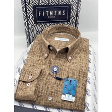 Fitmens Slim Fit Uzun Kol Müslin Dijital Baskılı Hediye Kutulu Erkek Gömlek FS-004599 - Kahverengi
