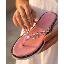 Futsi Shoes Odette Pembe Hakiki Deri Taş Işlemeli Parmak Arası Kadın Terlik